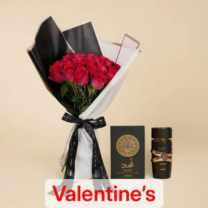 Midnight Romance: 18 Dark Pink Roses with Lattafa Asad Perfume