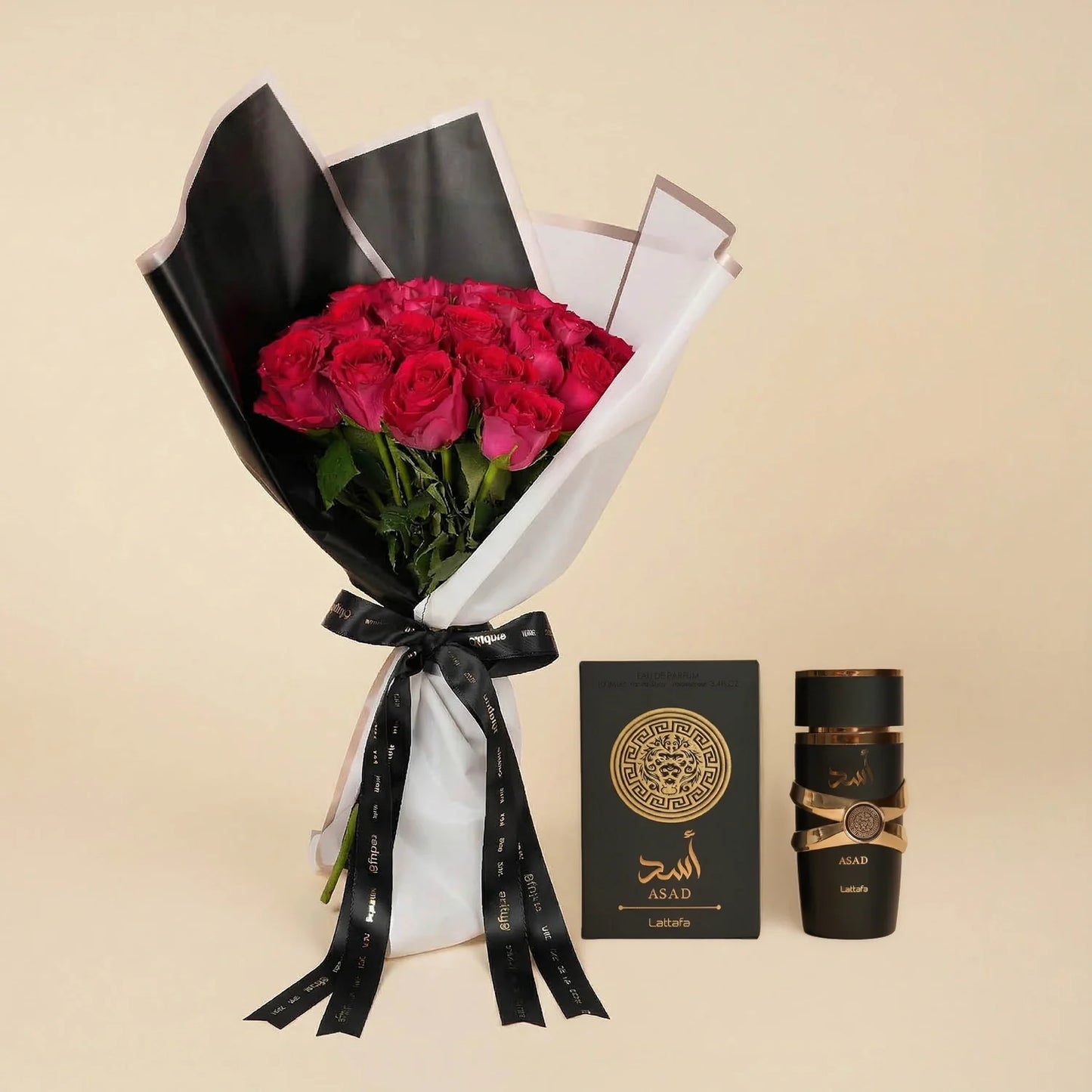 Midnight Romance: 18 Dark Pink Roses with Lattafa Asad Perfume