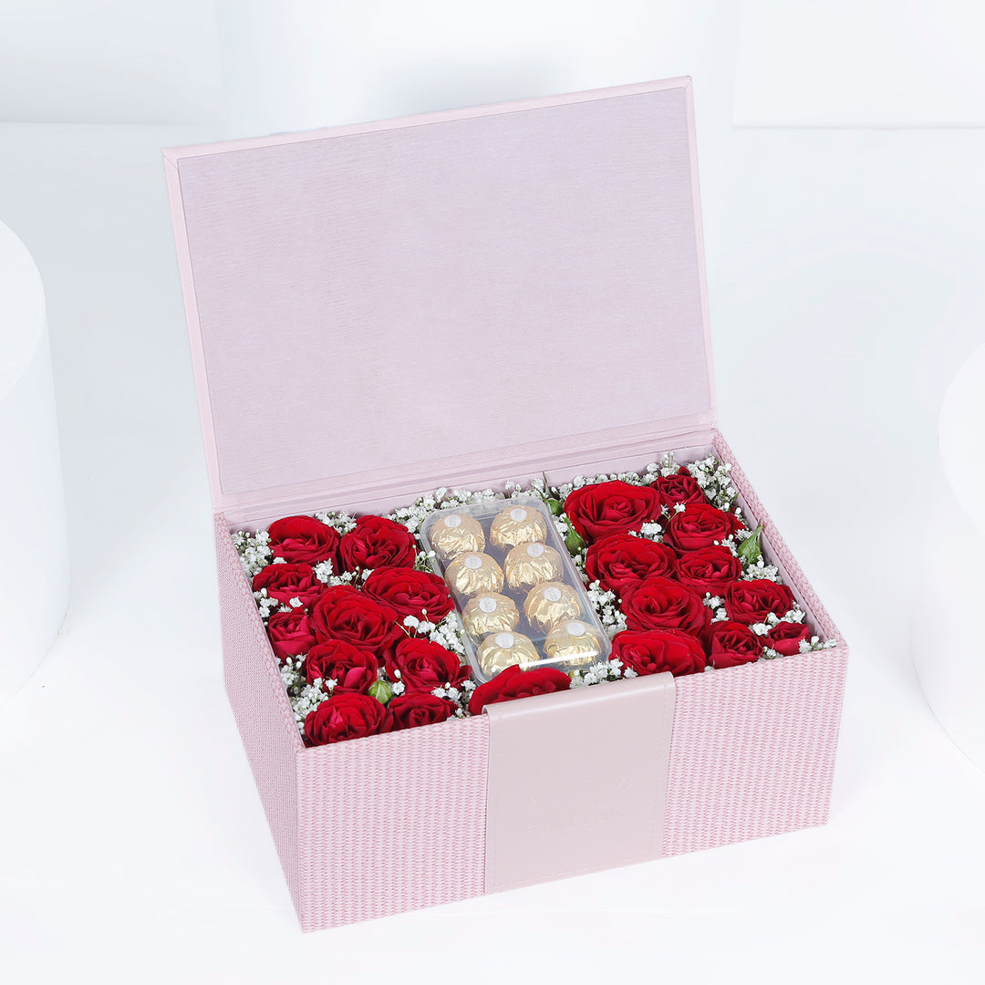 Luxurious Gift Box of Ferrero Rocher Chocolates and Elegant Blooms