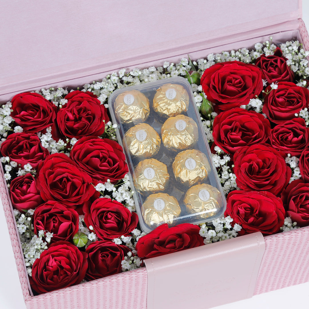 Luxurious Gift Box of Ferrero Rocher Chocolates and Elegant Blooms