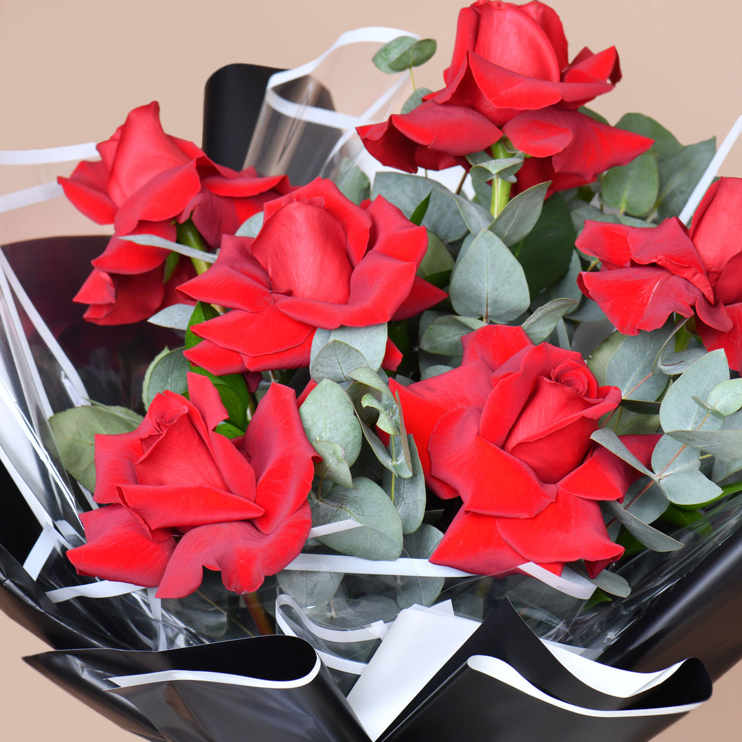 باقة أنيقة من 6 وردات حمراء مع الجيبسوفيلا وأوراق الأوكالبتوس