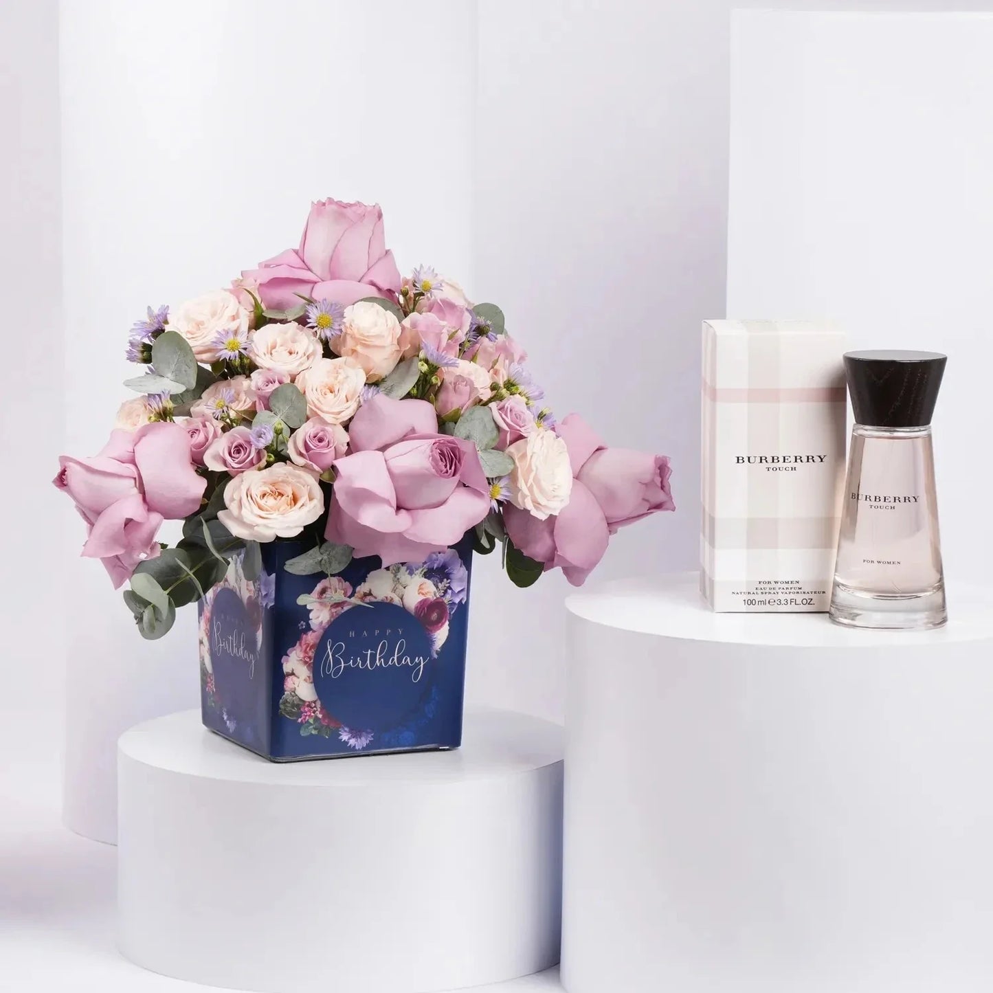 Exquisite Birthday Gift: Burberry Touch & Elegant Floral Arrangement for Her