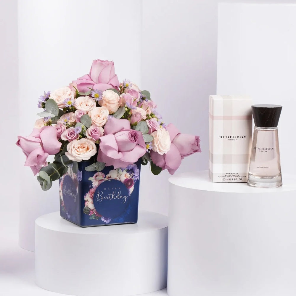 Exquisite Birthday Gift: Burberry Touch & Elegant Floral Arrangement for Her