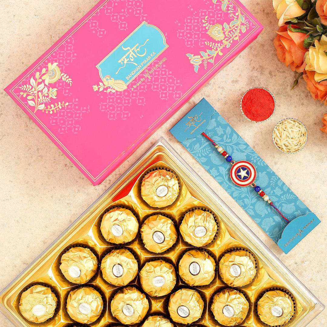 Captain America Kids Rakhi with 24-Piece Ferrero Rocher Chocolate Gift Set