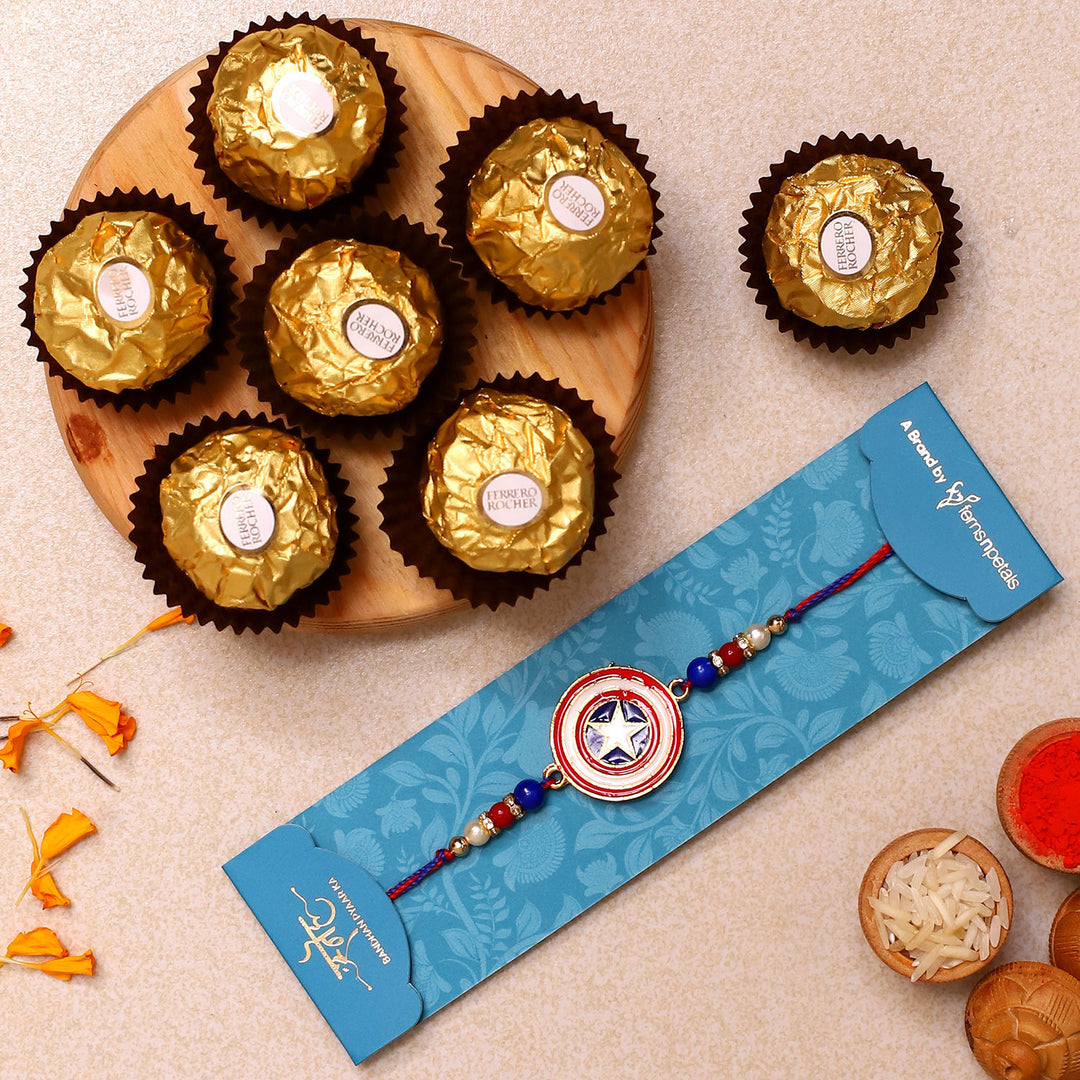 Captain America Kids Rakhi with 3 Ferrero Rocher Chocolates - Perfect Raksha Bandhan Gift