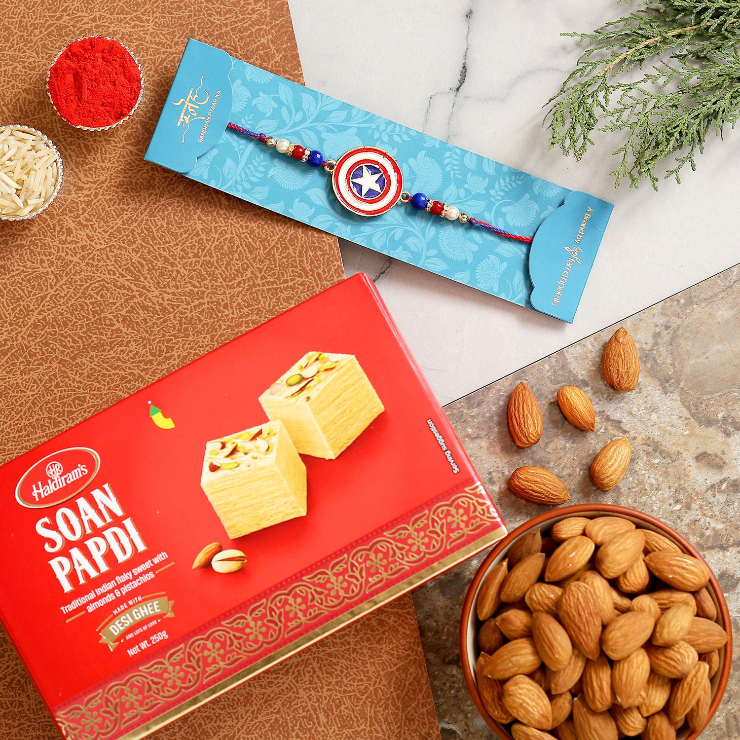 Captain America Kids Rakhi With Soanpapdi And Almonds
