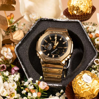 ساعة كاسيو جي-شوك معدنية براقة للرجال مع علبة هدايا ورود فاخرة