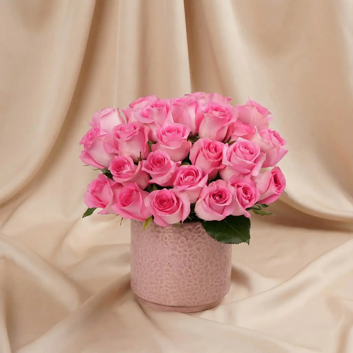 Elegant Pink Rose Bouquet in Ceramic Vase - Perfect Valentine Gift