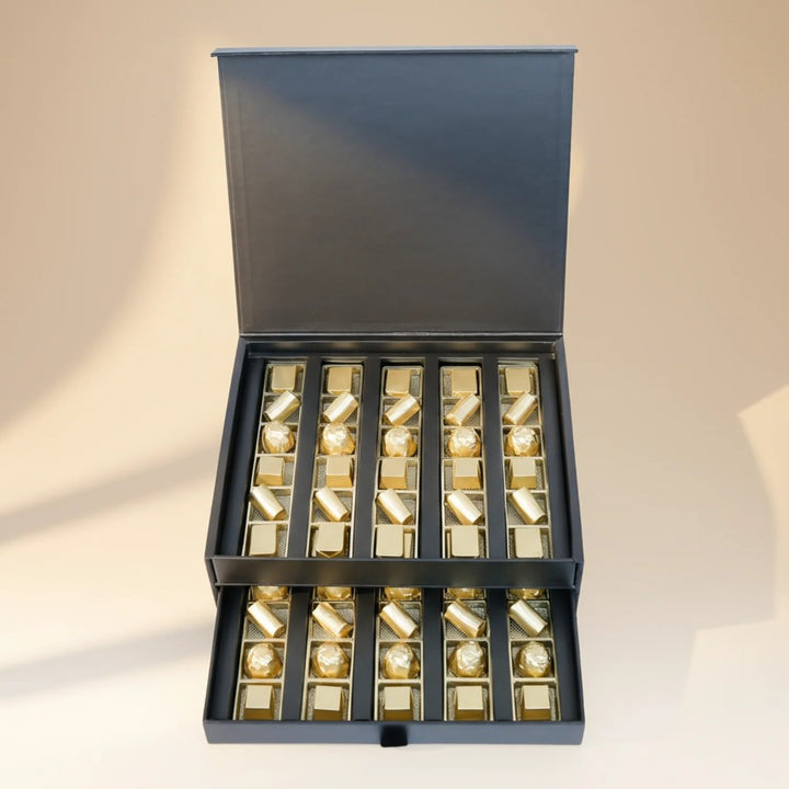 Opera Patisserie Chocolate Delight Duo Box with Elegant White Floral Arrangement