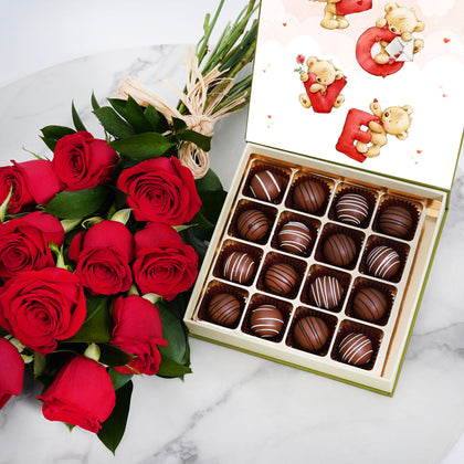 Chocolates and Hand Tied Red Rose Bouquet