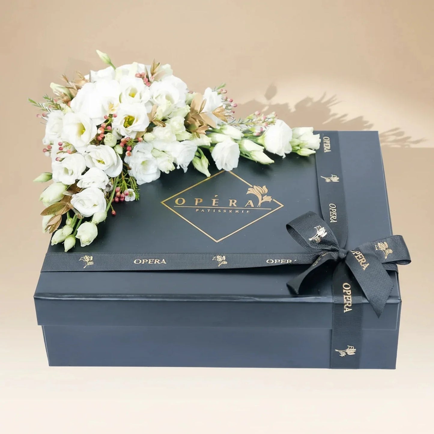 Opera Patisserie Chocolate Delight Duo Box with Elegant White Floral Arrangement