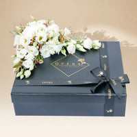 Opera Patisserie Chocolate Delight Duo Box with Elegant White Floral Arrangement