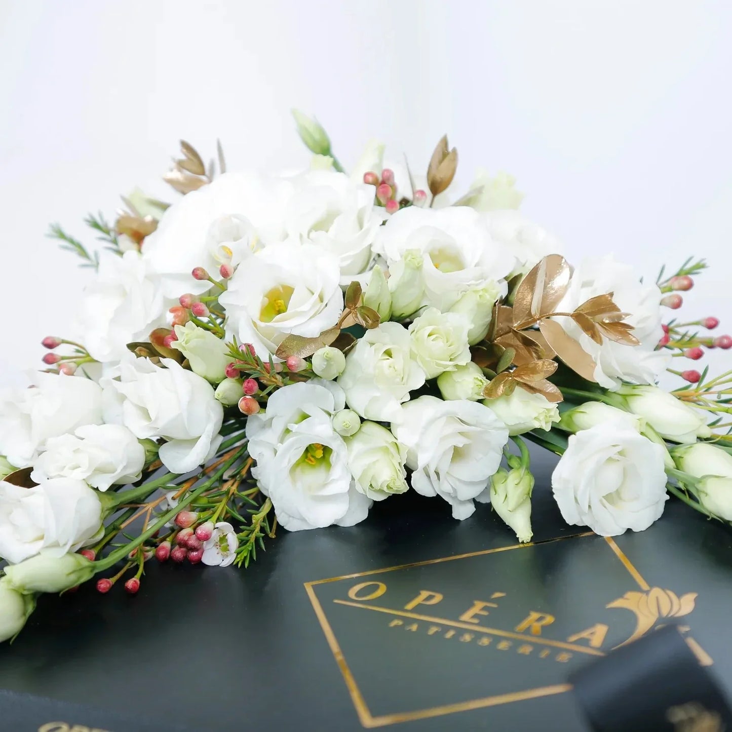 Opera Patisserie Chocolate Delight Duo Box with Elegant White Floral Arrangement