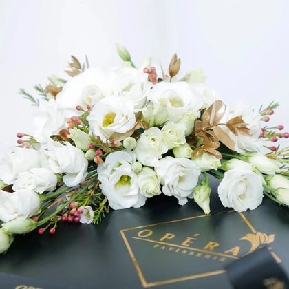 Opera Patisserie Chocolate Delight Duo Box with Elegant White Floral Arrangement