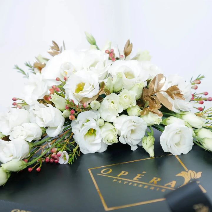 Opera Patisserie Chocolate Delight Duo Box with Elegant White Floral Arrangement