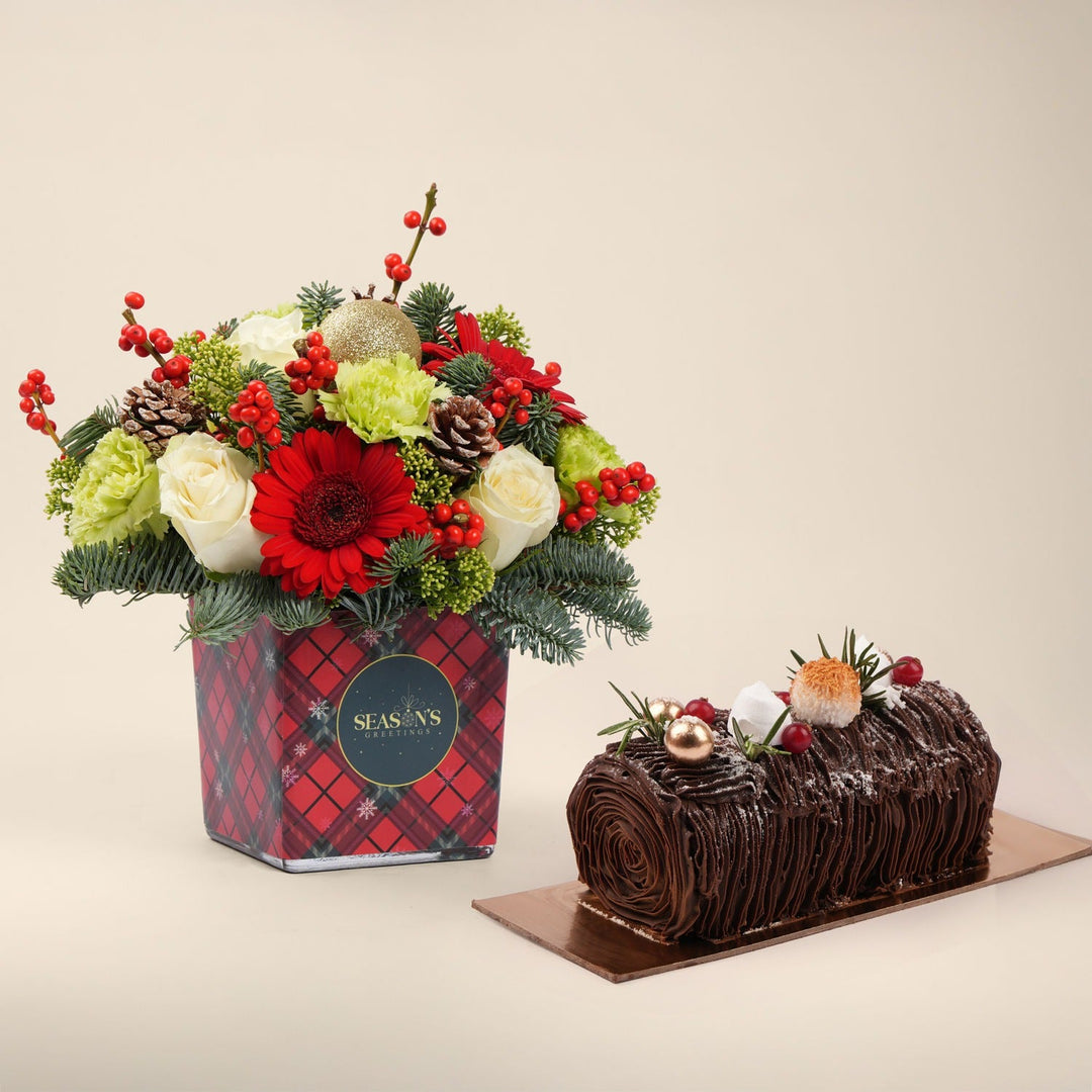 Christmas Flower Box with Chocolate Yule Log Cake Gift Set