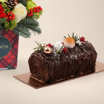 Christmas Flower Box with Chocolate Yule Log Cake Gift Set