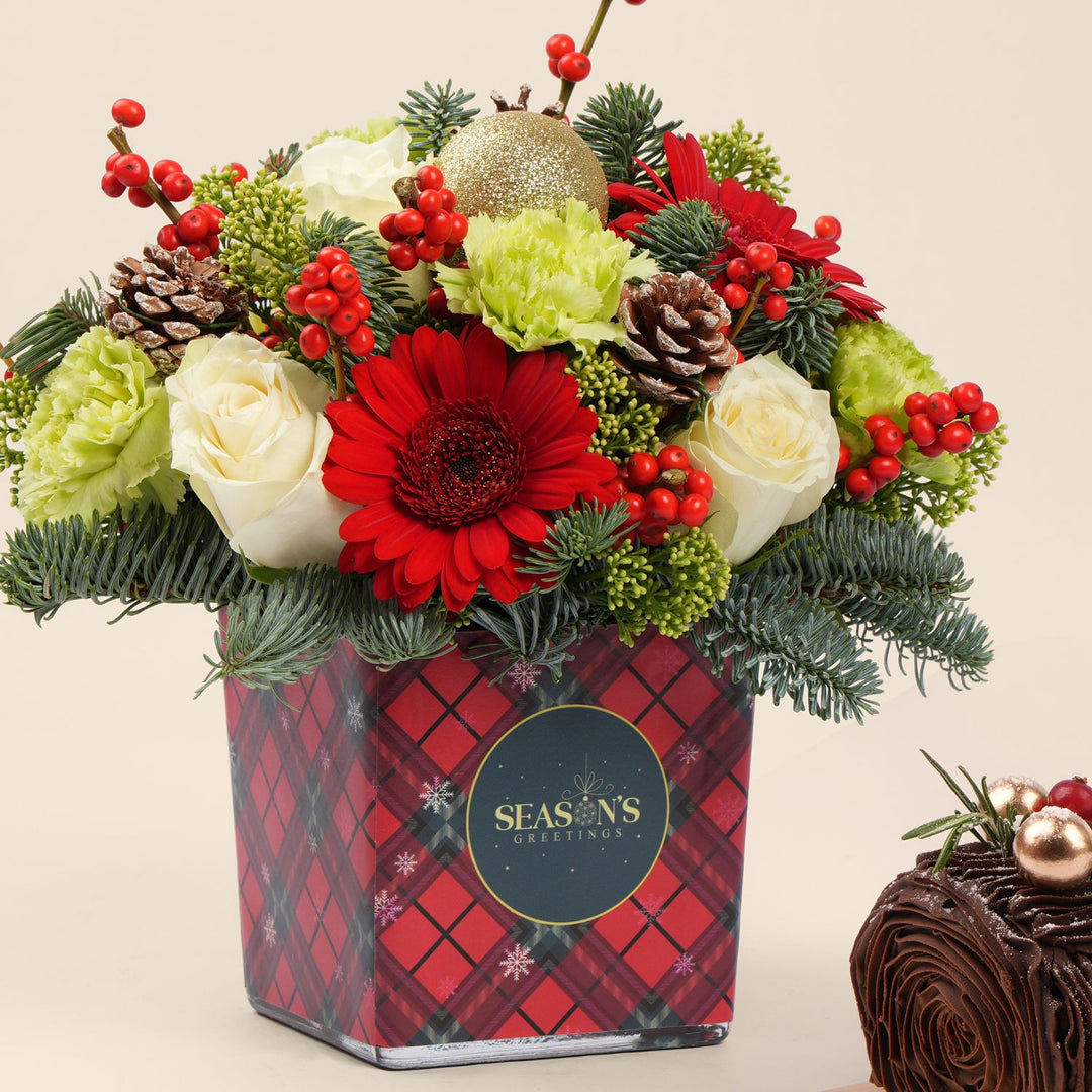 Christmas Flower Box with Chocolate Yule Log Cake Gift Set