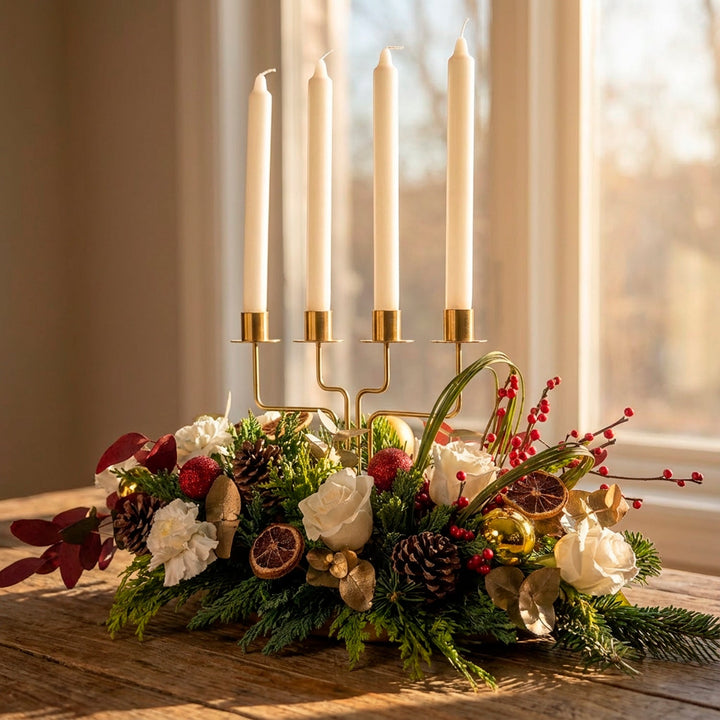 قطعة مركزية أنيقة لتحية عيد الميلاد مع الشموع