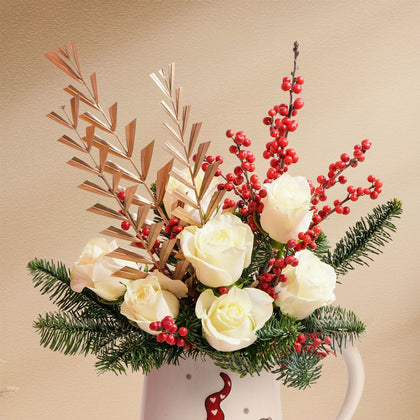 Festive Christmas White Rose Floral Jug Arrangement