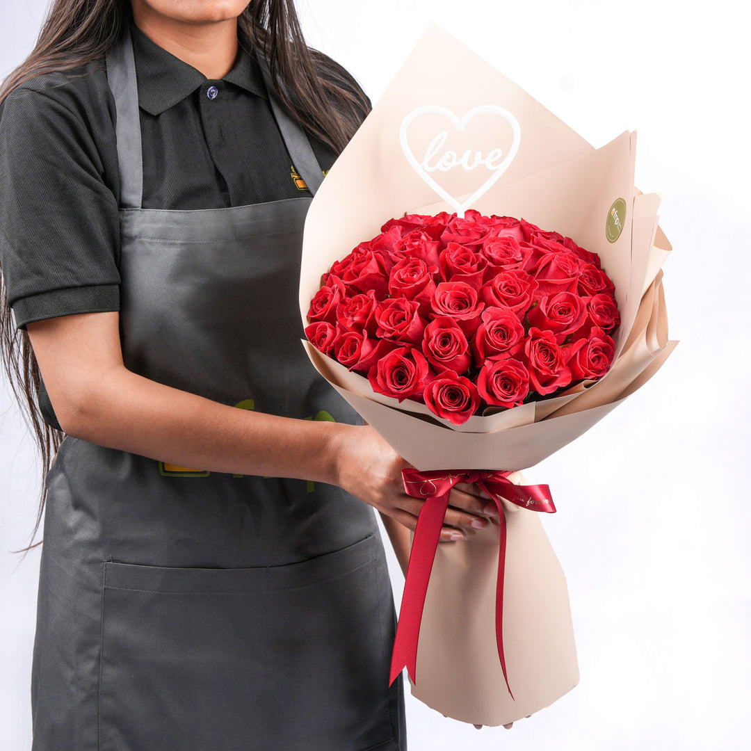 Elegant Red Rose Bouquet with Heart Topper