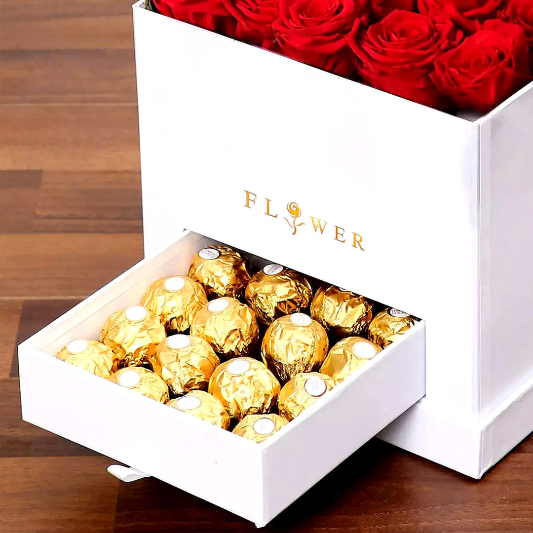 Luxurious Classic Red Roses with Ferrero Rocher in an Elegant White Box