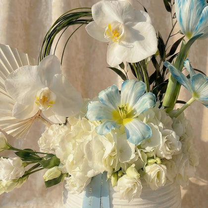 سحر السحاب: تنسيق أنيق بالتوليب الأزرق والأوركيد