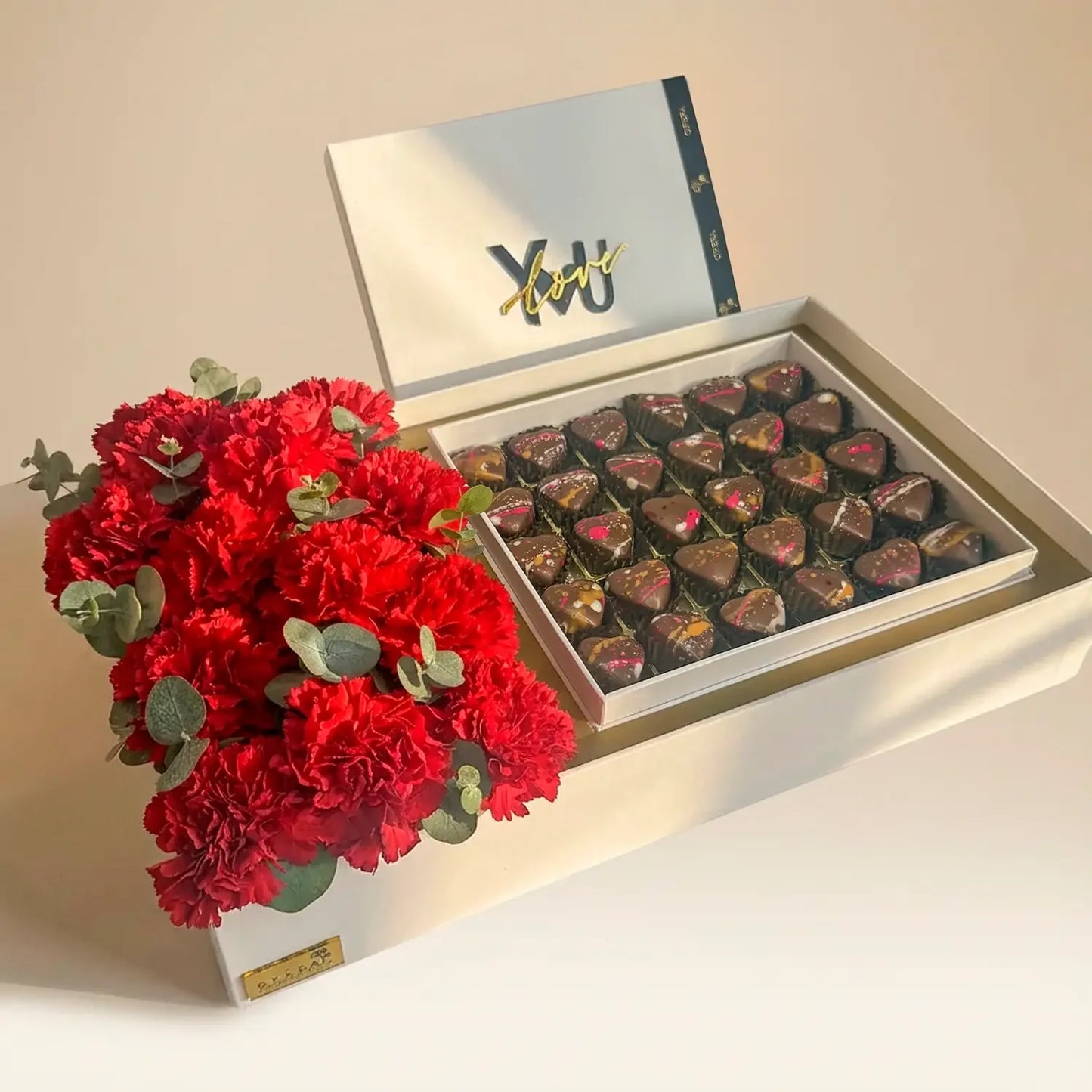 Romantic Red Carnations & Gourmet Chocolate Gift Box