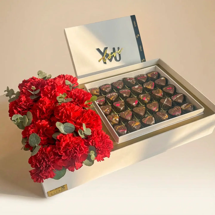 Romantic Red Carnations & Gourmet Chocolate Gift Box