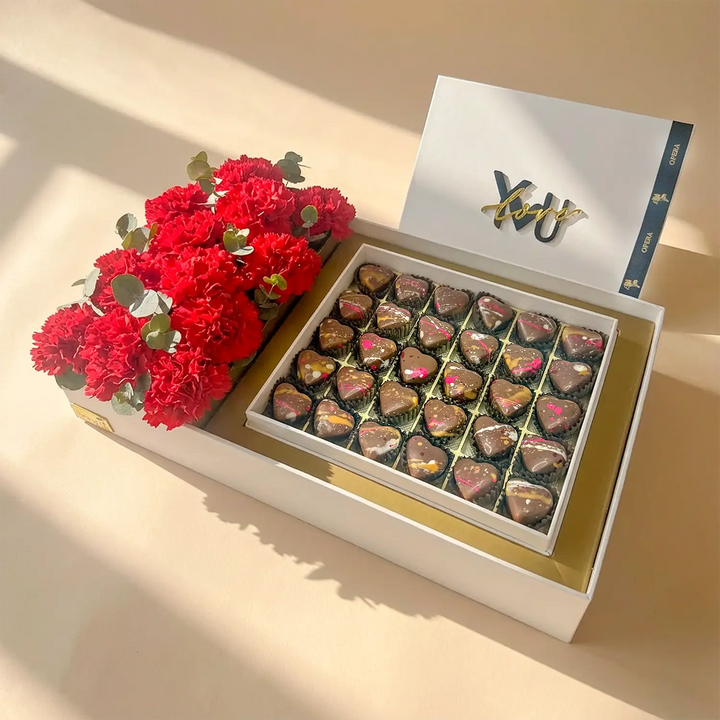 Romantic Red Carnations & Gourmet Chocolate Gift Box