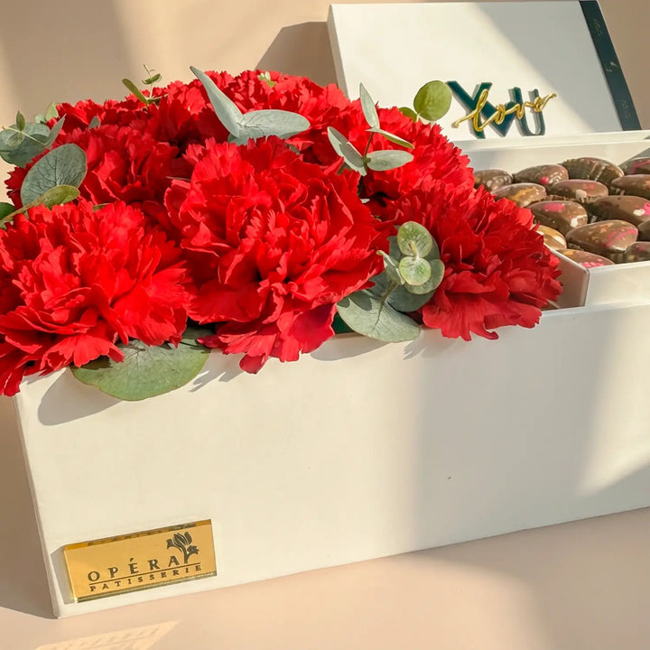 Romantic Red Carnations & Gourmet Chocolate Gift Box