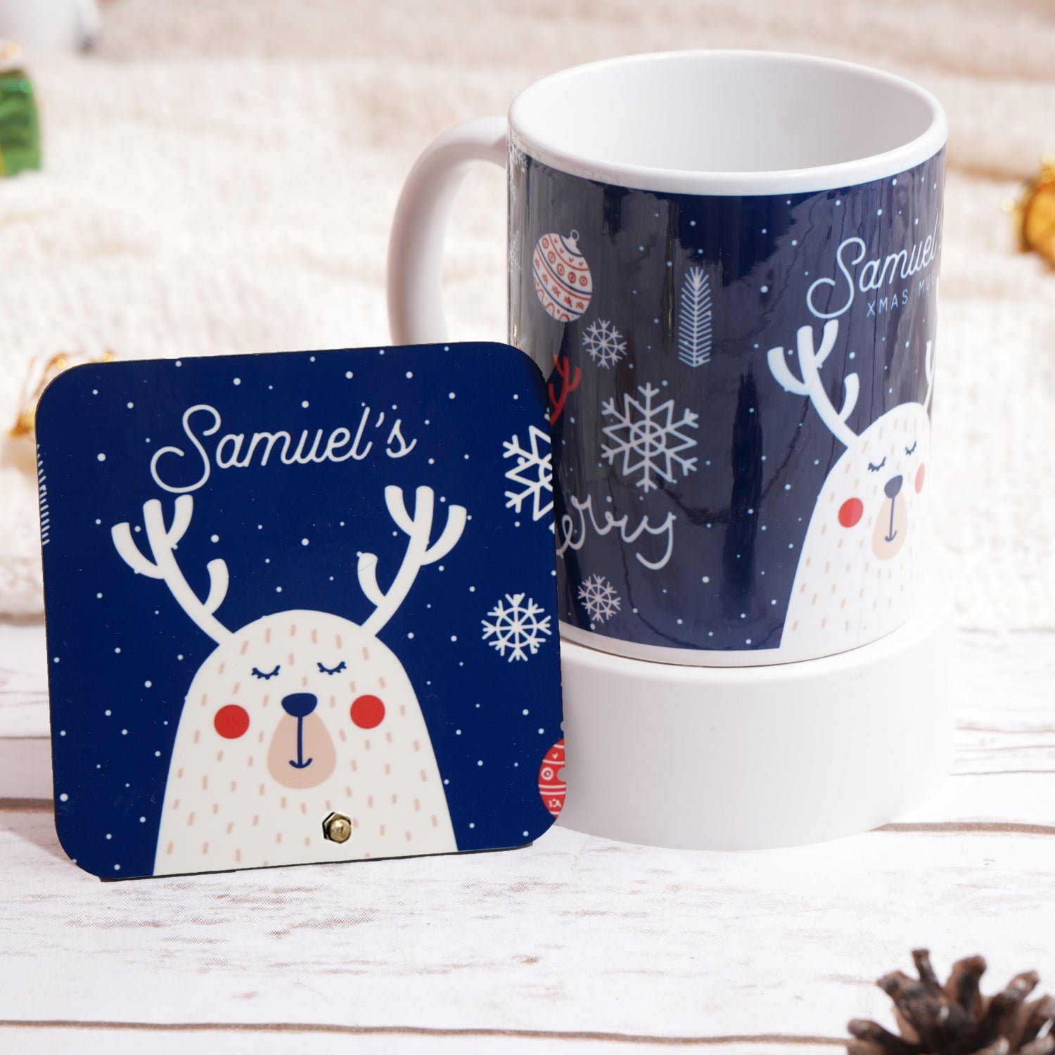 Cute Reindeer Name Personalized Mug n Coaster | Blue