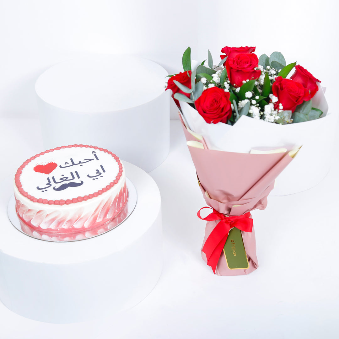Heartfelt 'Dear Dad' Red Velvet Cake and Red Roses Bouquet
