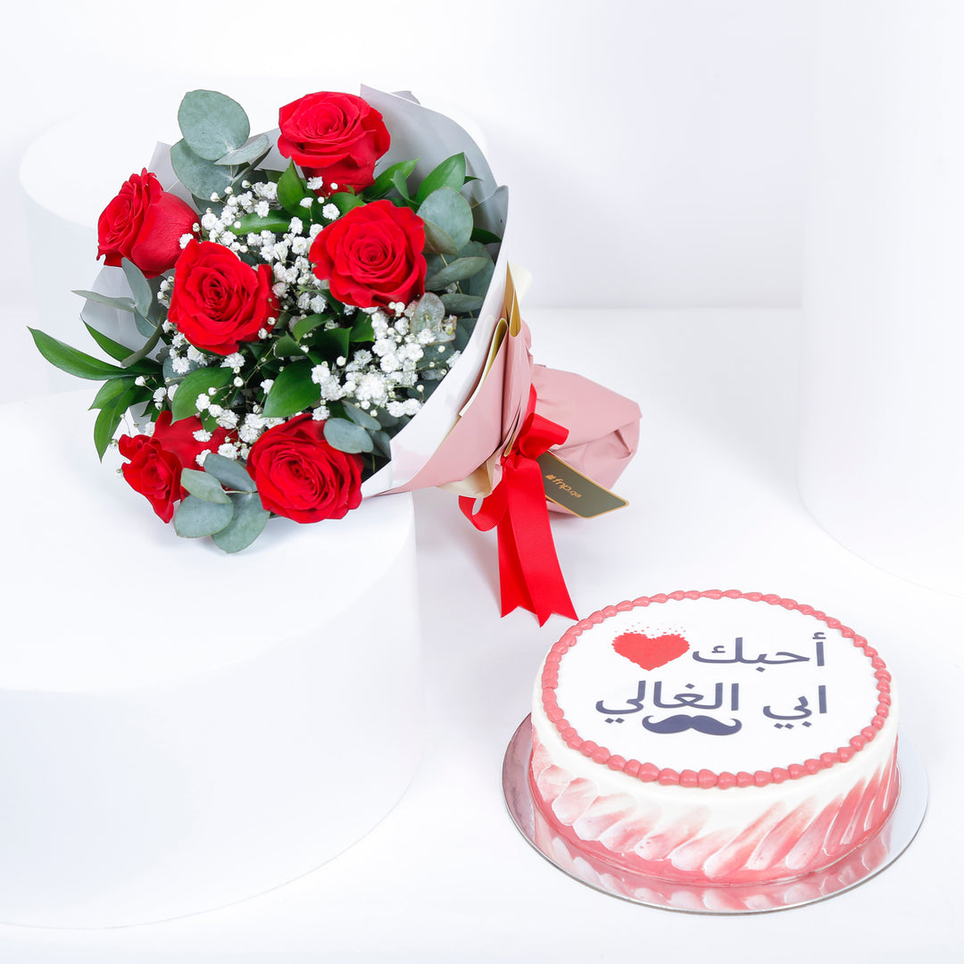 Heartfelt 'Dear Dad' Red Velvet Cake and Red Roses Bouquet