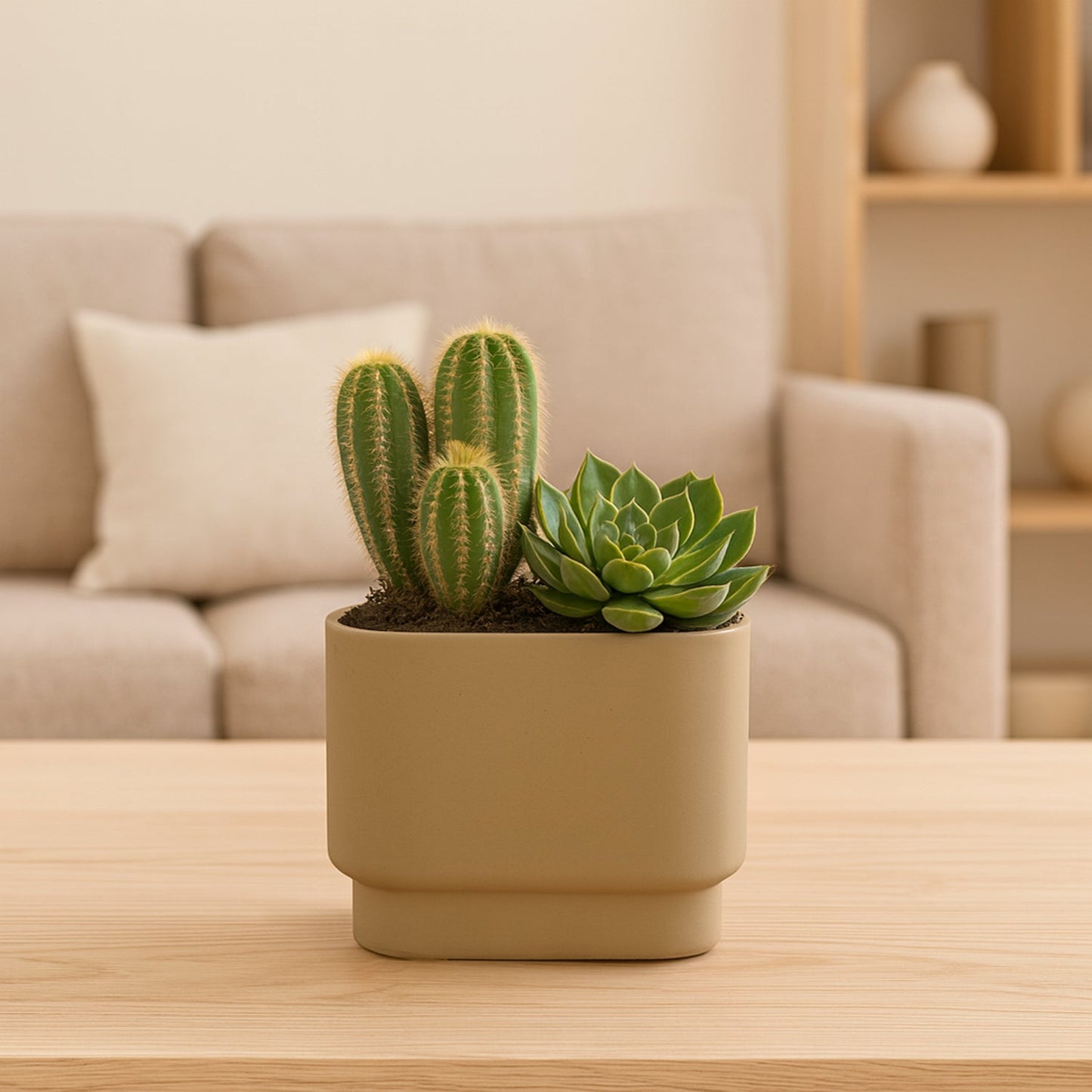 Desert Harmony: Elegant Cactus & Succulent Duo in Stylish Coffee Pot