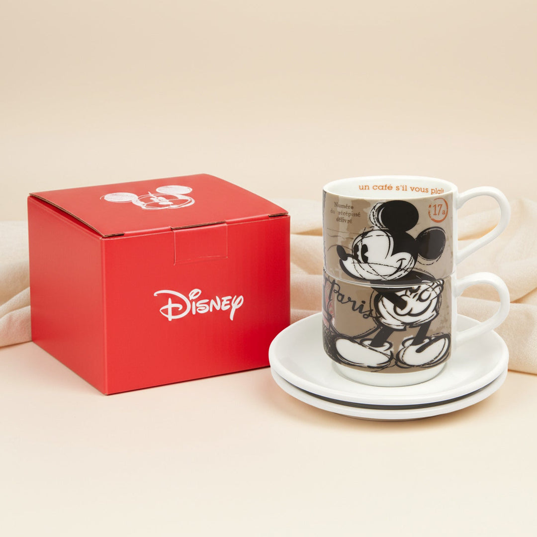 Disney Mickey Mouse Paris Espresso Cups Set | Elegant Porcelain Collection with Saucers