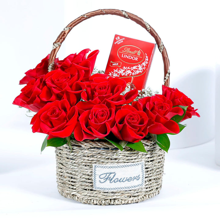 Radiant Red Roses with Luxurious Lindt Chocolate Basket