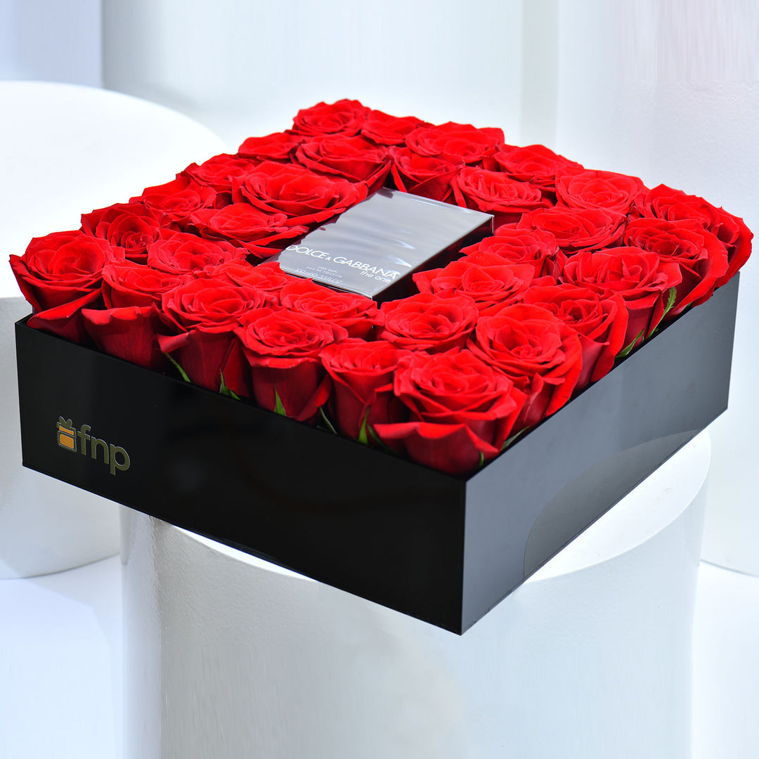 Luxury Dolce & Gabbana Gift Box with 32 Red Roses and The One Royal Night Fragrance