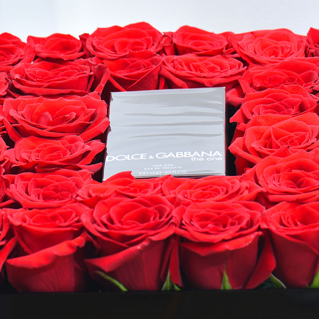 Luxury Dolce & Gabbana Gift Box with 32 Red Roses and The One Royal Night Fragrance