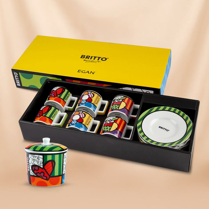 Egan Britto Coffee Cup & Saucer Set (6 Pieces) With Britto Porcelain Sugar Bowl | Heart Design