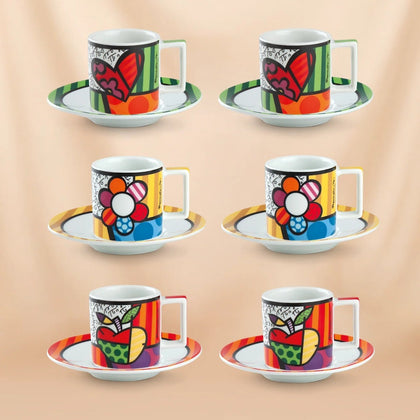 Egan Britto Exclusive Coffee Cup & Saucer Set (6 Pieces) with Porcelain Sugar Bowl | Vibrant Heart Design