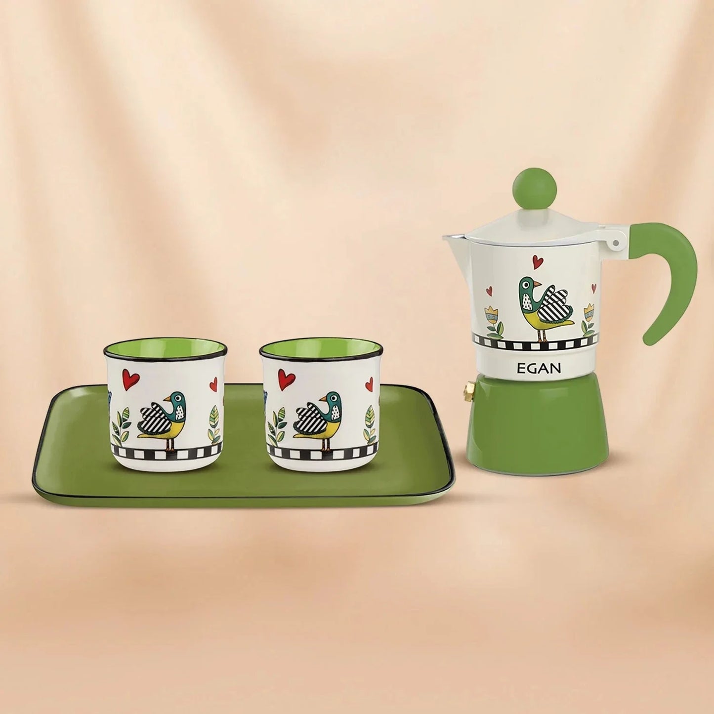 Egan Cocorico Green Moka Coffee Maker Set with 2 Artistic Mini Mugs & Tray - Embrace Italian Elegance