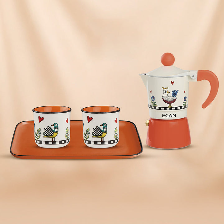 Egan Cocorico Orange Moka Coffee Maker Set With 2 Mini Mugs & Tray