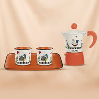 Egan Cocorico Orange Moka Coffee Maker Set With 2 Mini Mugs & Tray