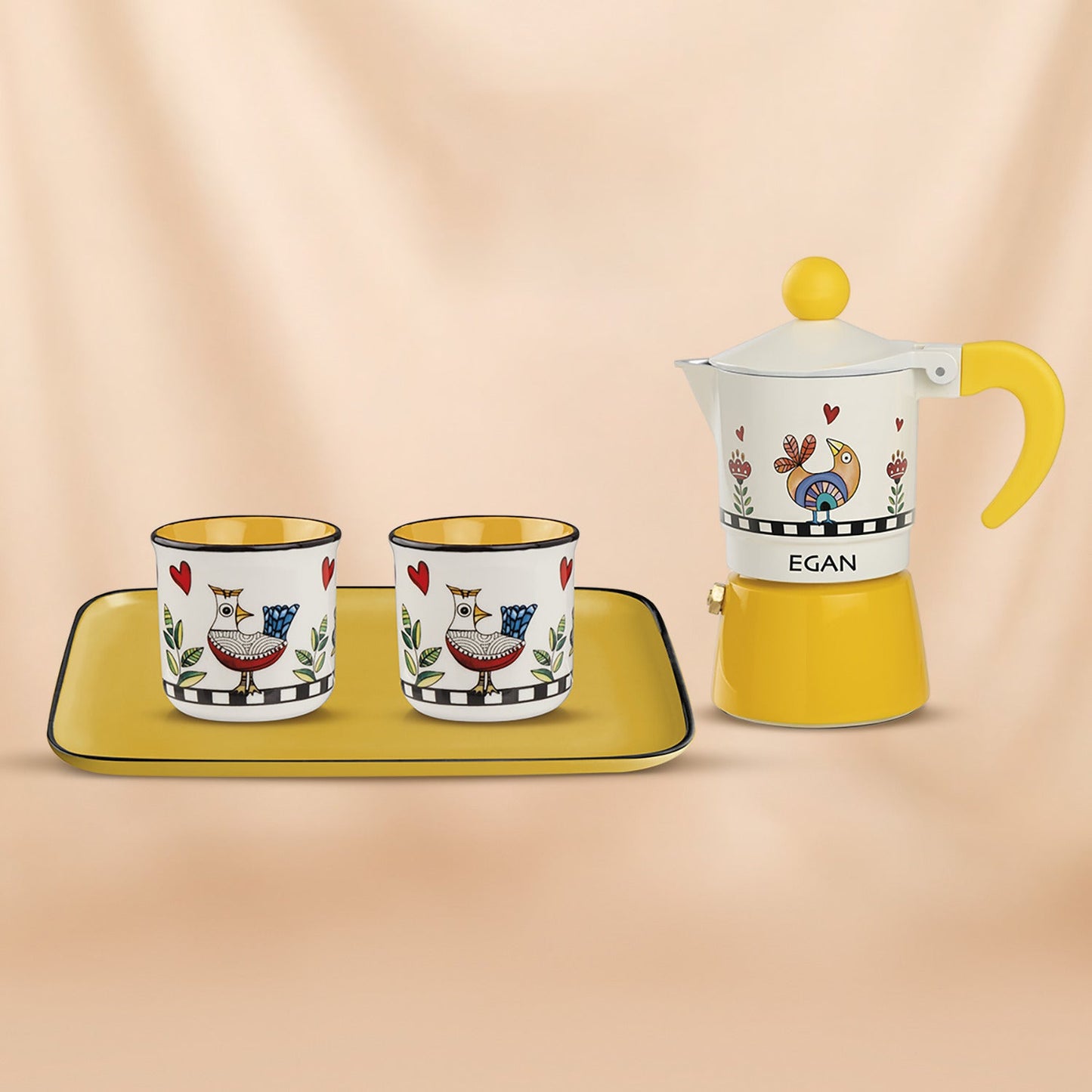 Egan Cocorico Yellow Moka Coffee Maker Set With 2 Mini Mugs & Tray