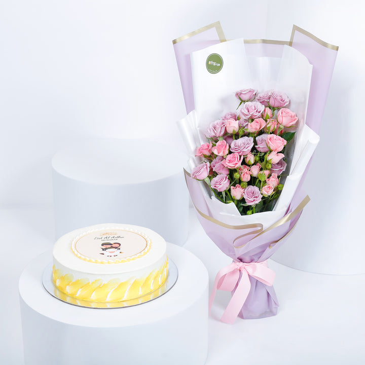 Eid Al-Adha Celebration: Red Velvet Cake with Elegant Purple Bouquet