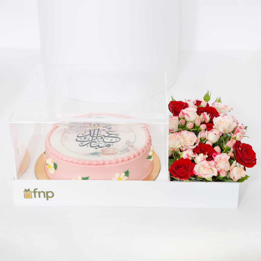 Elegant Pink Eid Mubarak Cake with Floral Arrangement in Acrylic Box