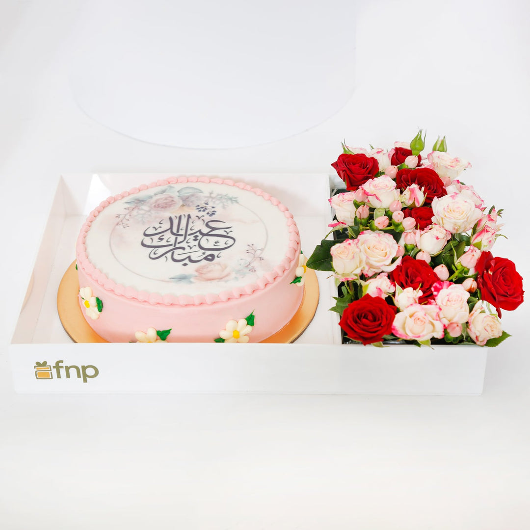 Elegant Pink Eid Mubarak Cake with Floral Arrangement in Acrylic Box