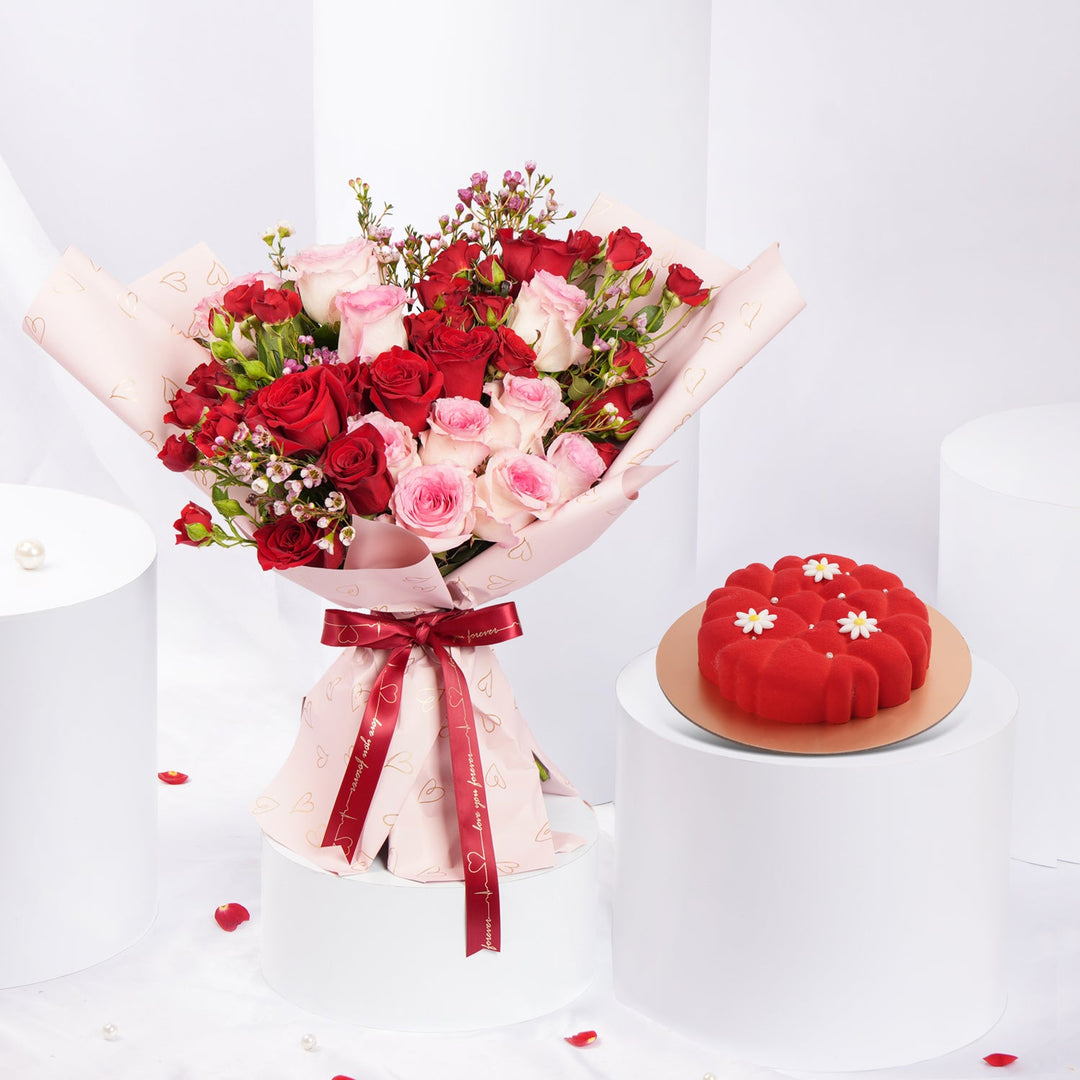 Exquisite Rose Bouquet & Delectable Red Velvet Cake Combo