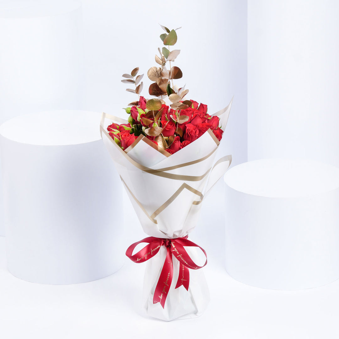 Elegant Live Bouquet with Red Roses and Gold Eucalyptus